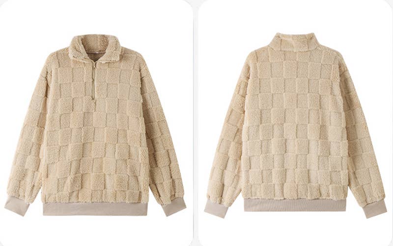 STAND COLLAR LOOSE PLAID FLEECE PULLOVER HOODIE