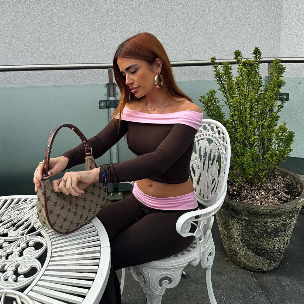 Off-the-shoulder top flared pants suit