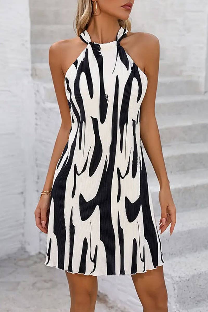 CWDHL0710_PRINTED PLEATED HALTER NECK A-LINE DRESS