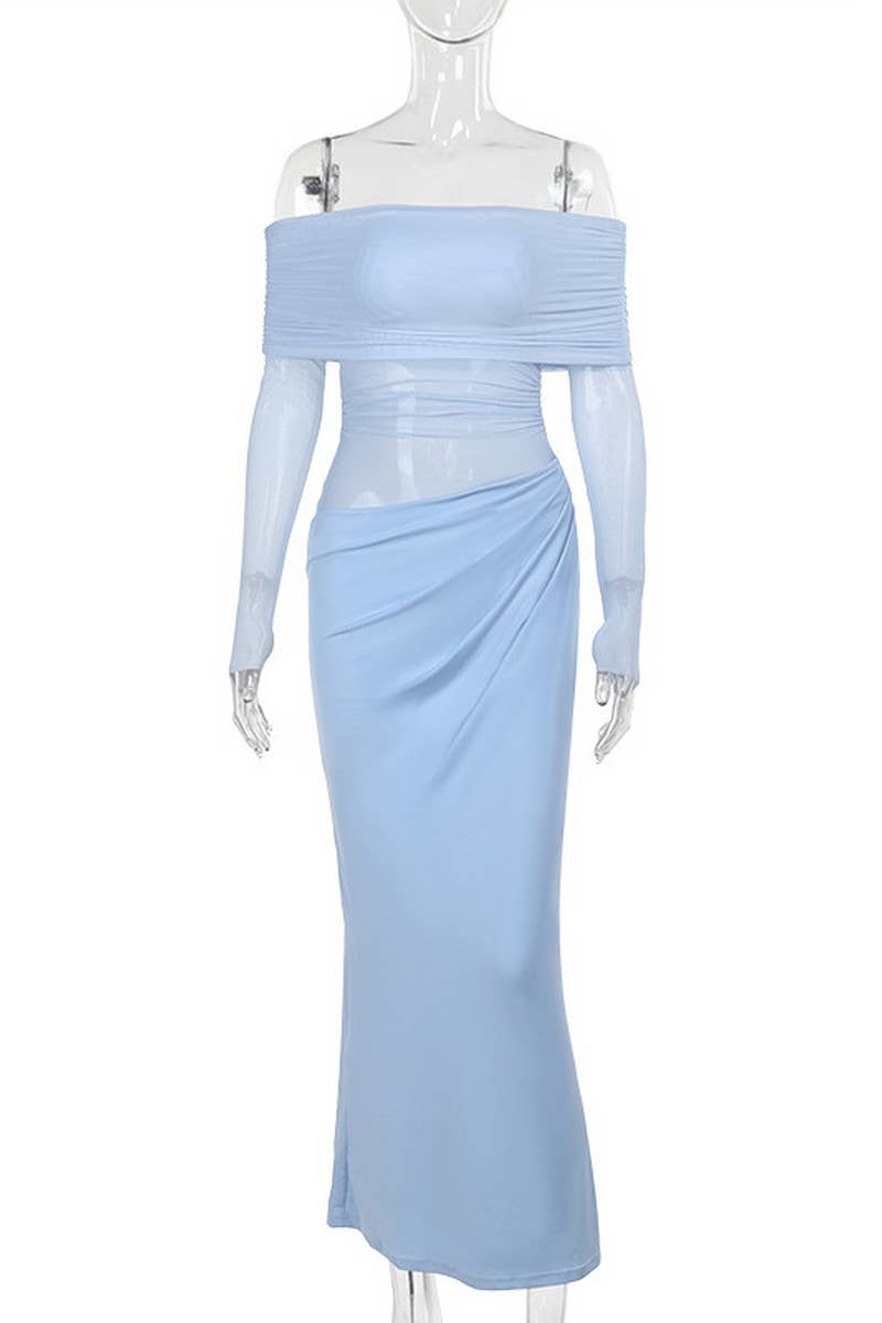 CWDMD4232_SOLID COLOR ONE SHOULDER MESH HOLLOW DRESS