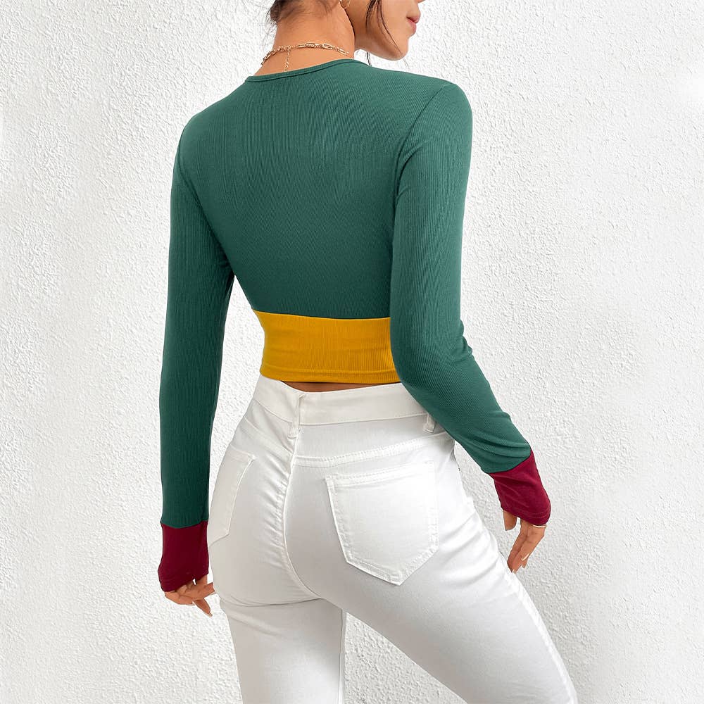 SLIM ROUND NECK SHORT PATCHWORK COLOR T-SHIRT