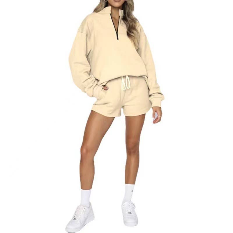 Pocket solid-color shorts and hoodie set