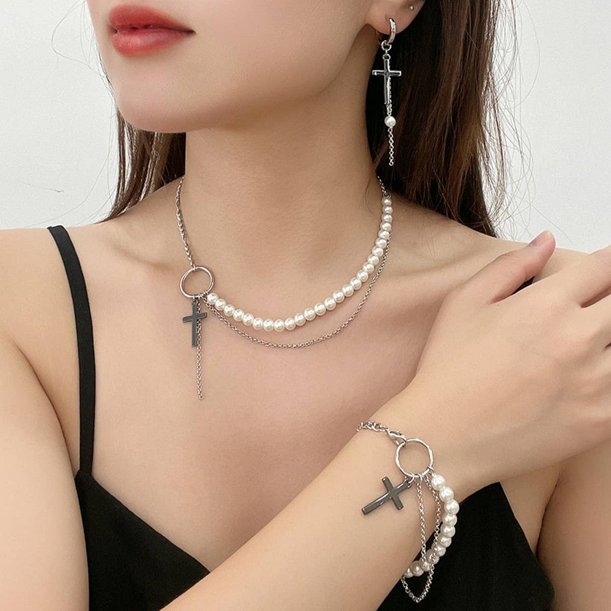 NEW CROSS PENDANT FASHION CHAIN PEARL EARRING SET