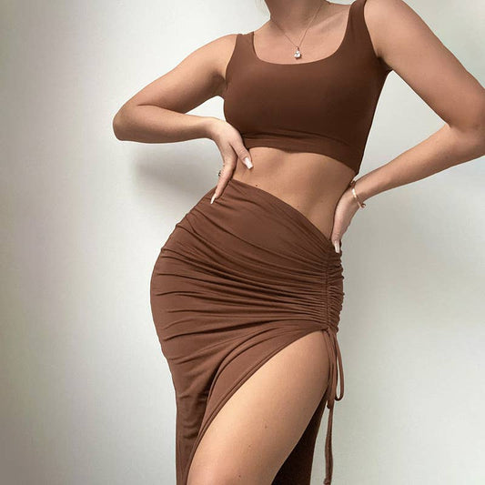 Slim-fit crop halter top sexy skirt two-piece set