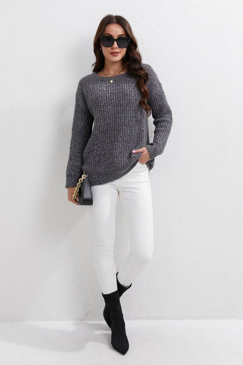 CWOSWL07669_SOLID COLOR ROUND NECK LOOSE PULLOVER SWEATER