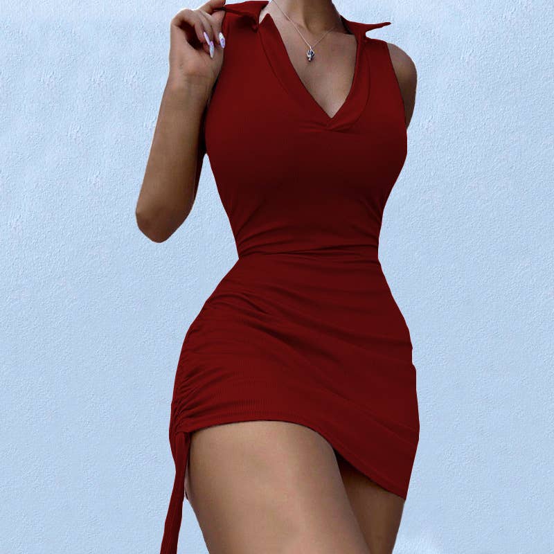 V-NECK LAPEL SLEEVELESS RIBBED SEXY KNIT DRESS