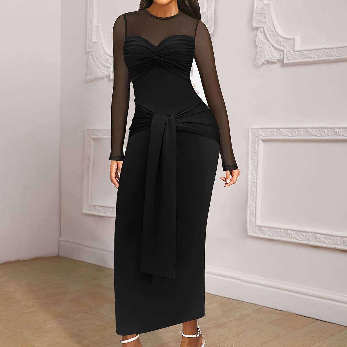 Kink lace mesh splice see-through dress