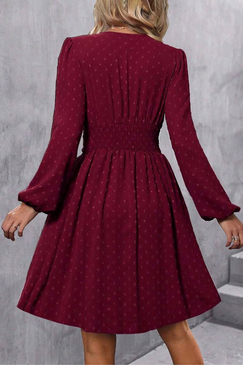 CWDSD6427_JACQUARD V-NECK LANTERN SLEEVE DRESS