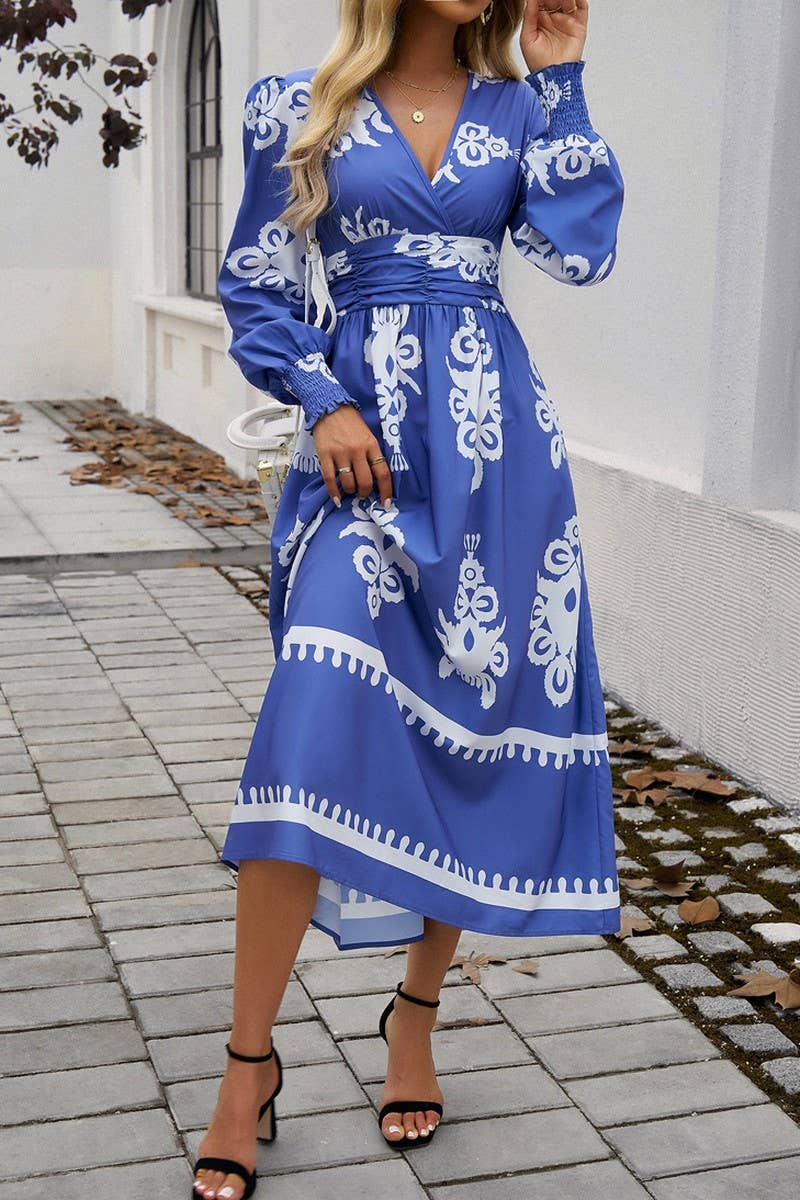 CWDMD4866_V-NECK ELEGANT CONTRAST COLOR LONG SLEEVE DRESS