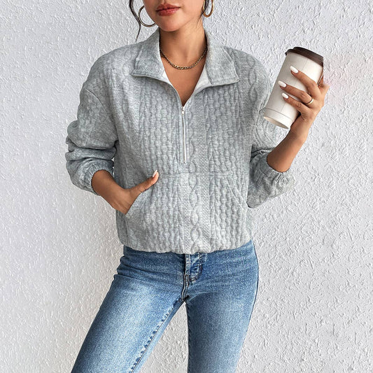 STYLISH CASUAL SOLID COLOR ZIPPER LONG-SLEEVED TOP