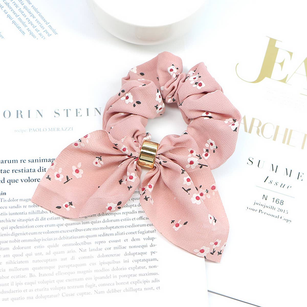 PRINTED METAL BUCKLE BOW HAIR TIE_CWAHA1068
