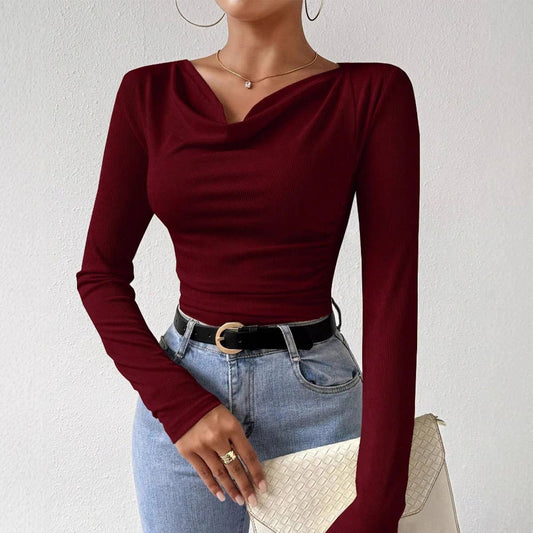 SWING NECK PLEATED SOLID COLOR SLIM-FIT T-SHIRT