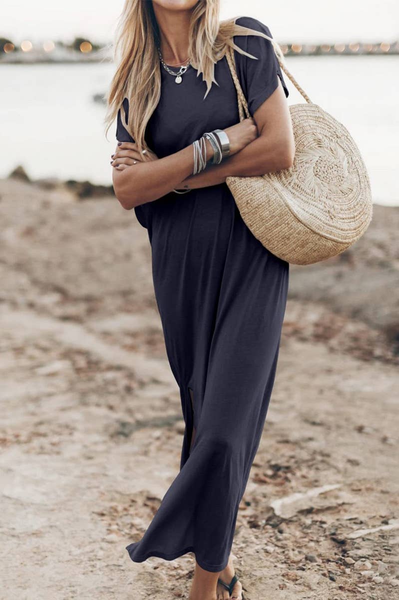 CWDMD4867_ROUND NECK CASUAL LOOSE SLIT SIDE LONG BEACH DRESS