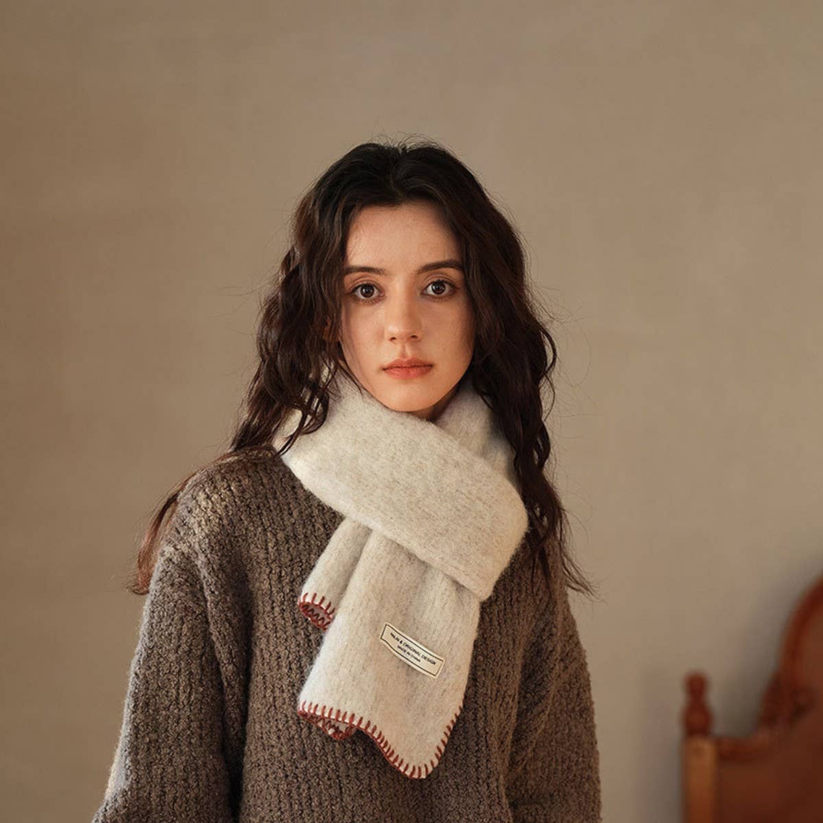 Solid Wool Blend Knit Scarf ??Color-Blocked Trim_CWASC2291