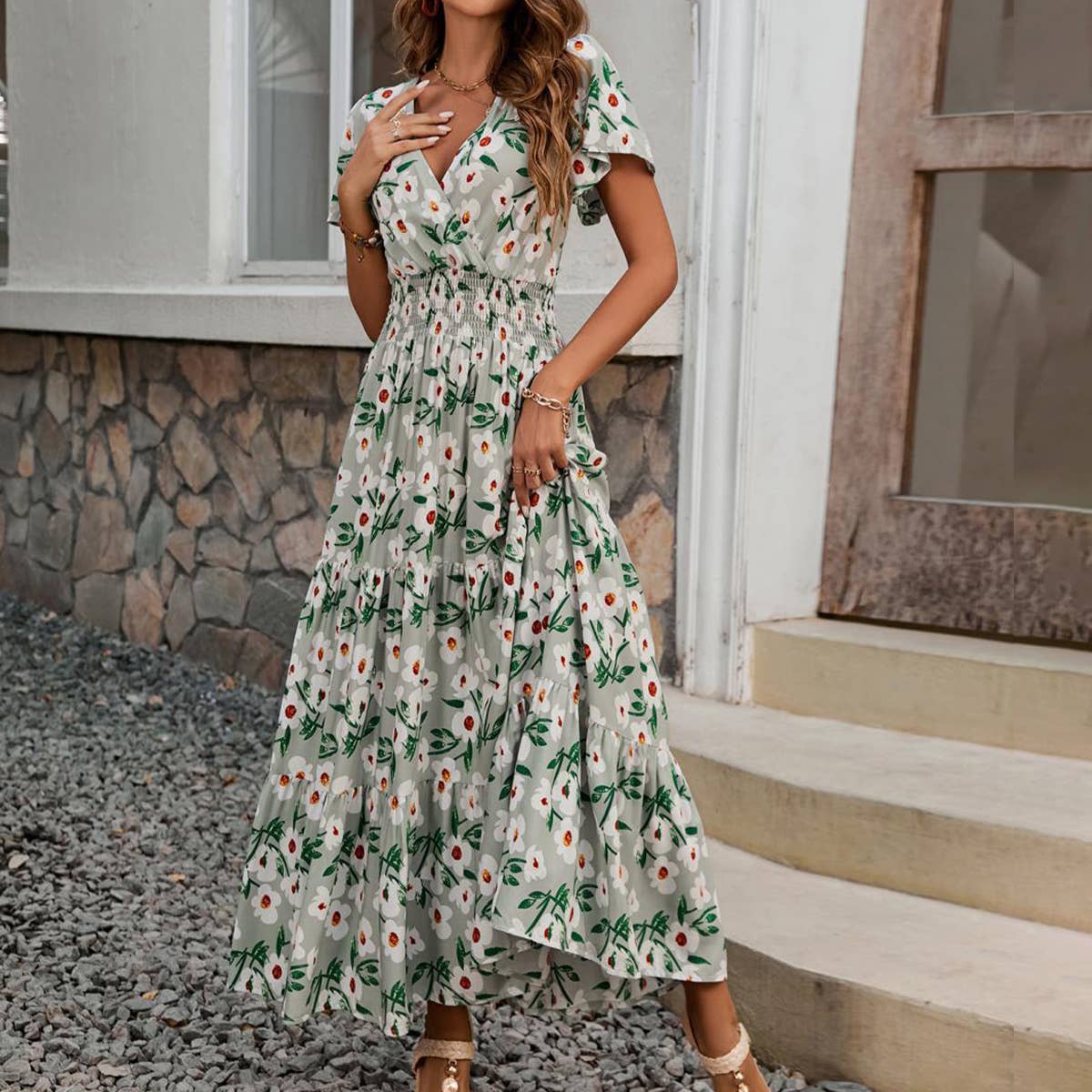Fashion V-neck style waistline swing long dress