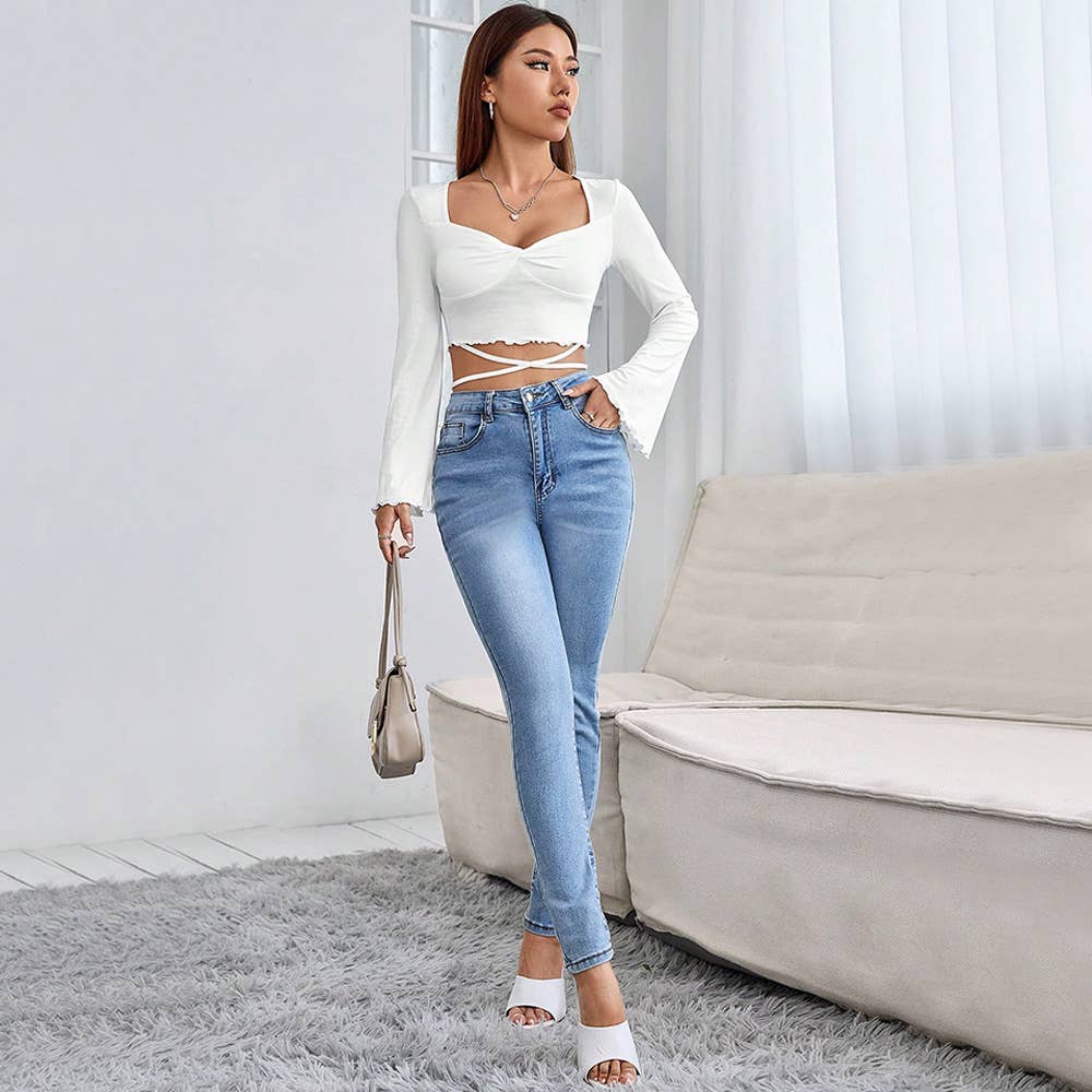 SQUARE NECK STRAP FLARED LONG SLEEVE SHORT TOP