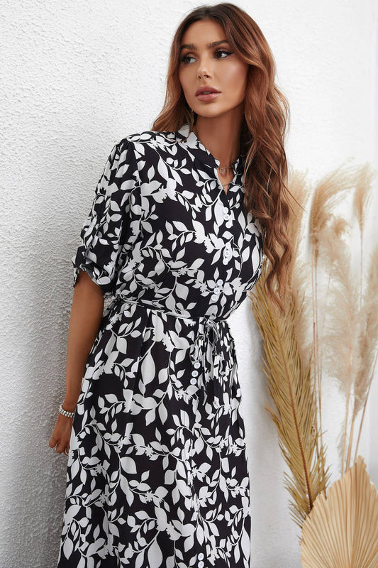 SHIRT COLLAR MID-SLEEVE WAISTBAND LONG DRESS