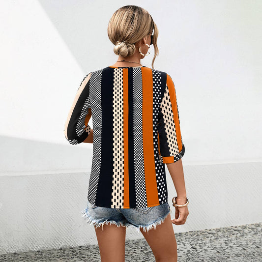 STRIPED POLKA-DOT CREW NECK MID-SLEEVE TOP