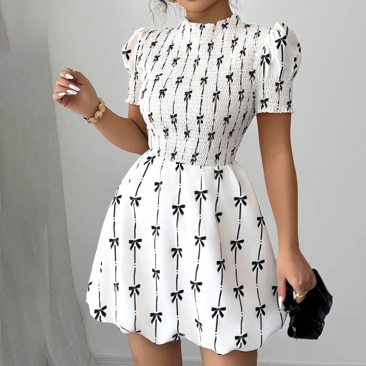 Waist-cinching bow printed flower bud dress