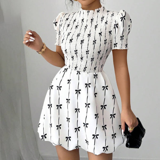 Waist-cinching bow printed flower bud dress