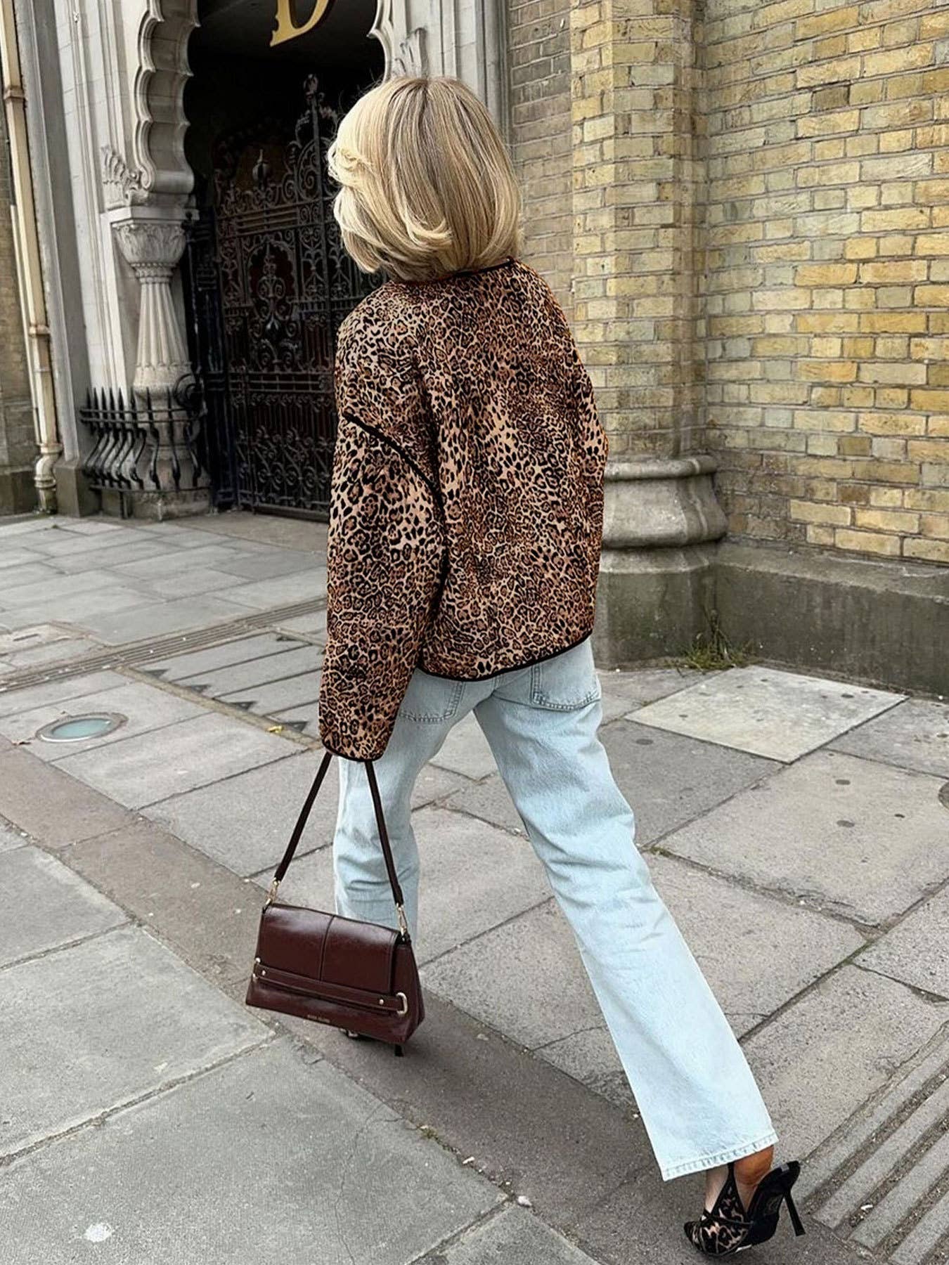 VINTAGE LEOPARD PRINT CREW-NECK UNBUTTONED JACKET