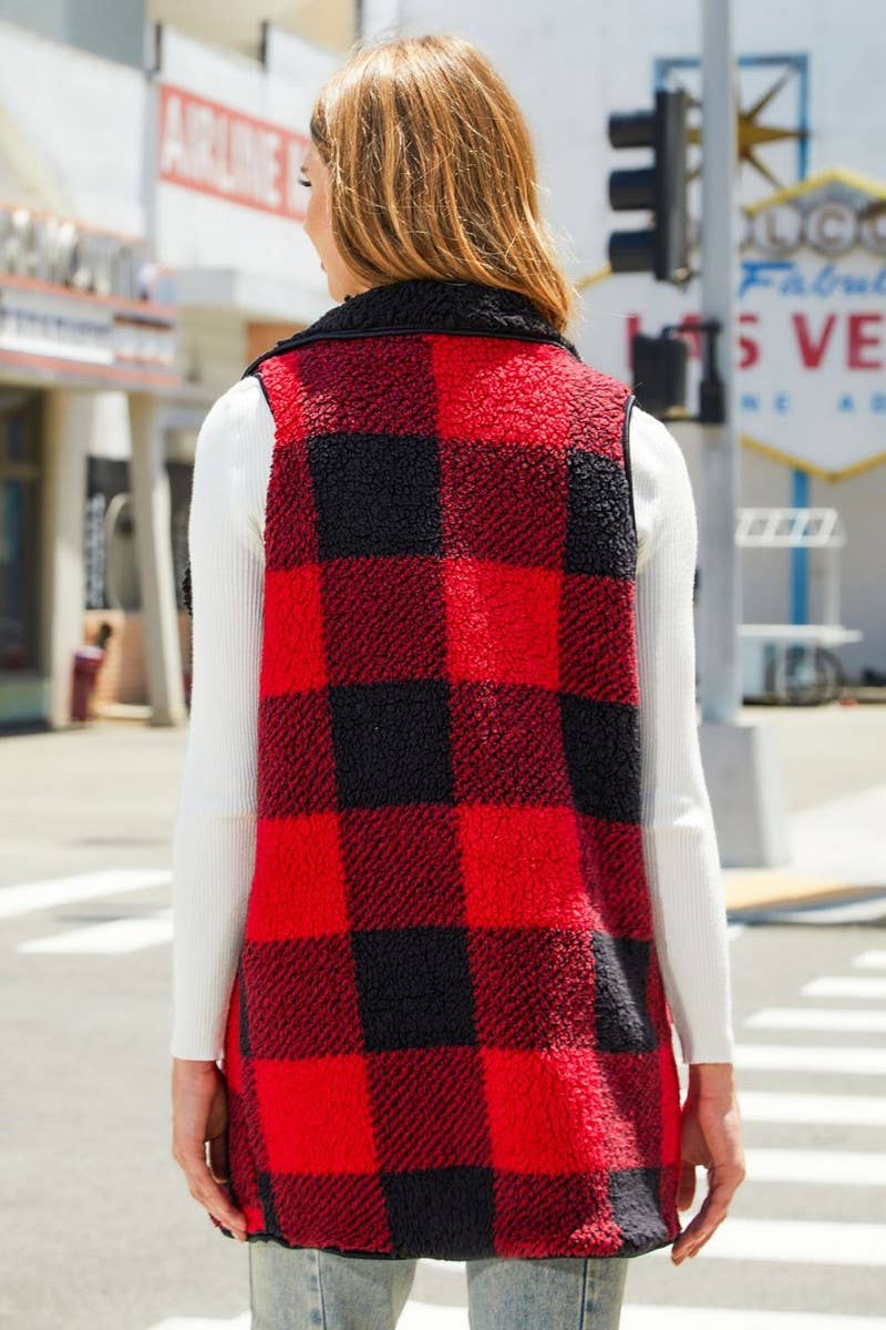 WOMEN FASHION UNBUTTONED PLAID PLUSH VEST_CWOV0086