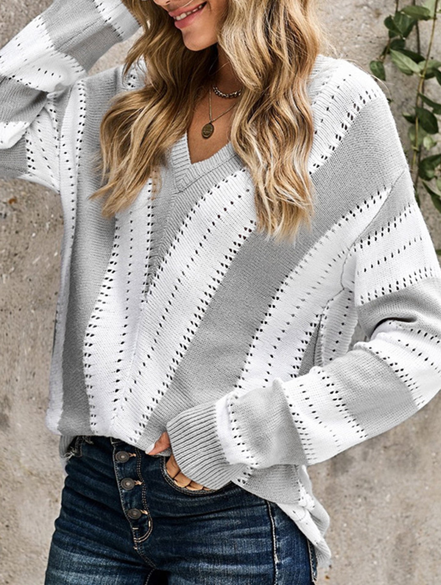 Fashion striped color-blocked pullover sweater