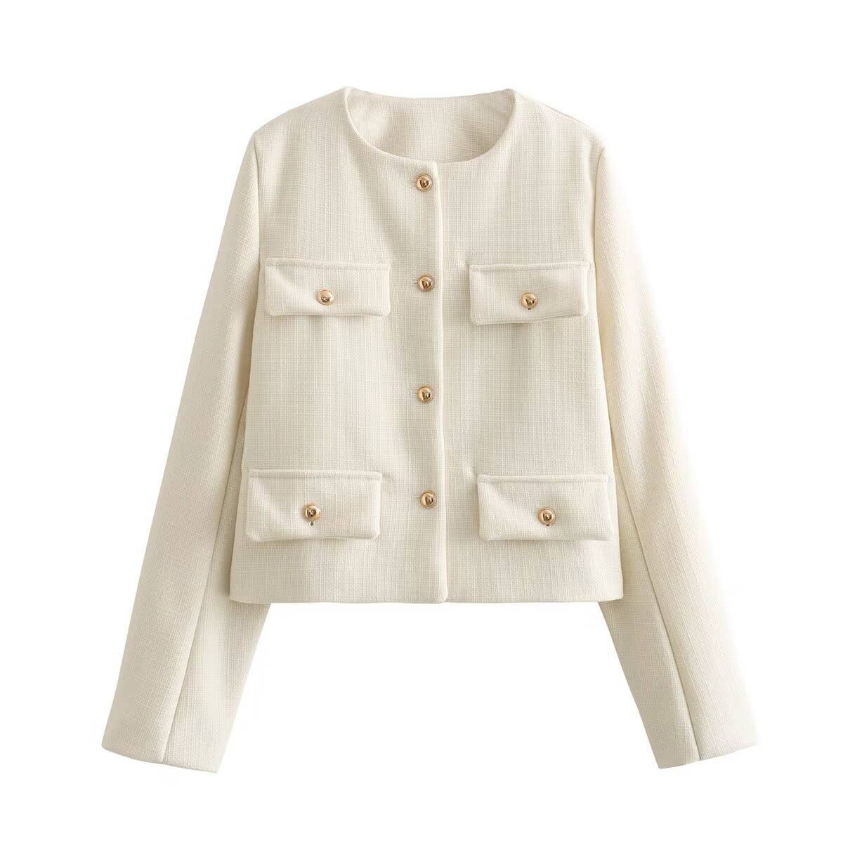 Round neck, loose golden buttons Short jacket