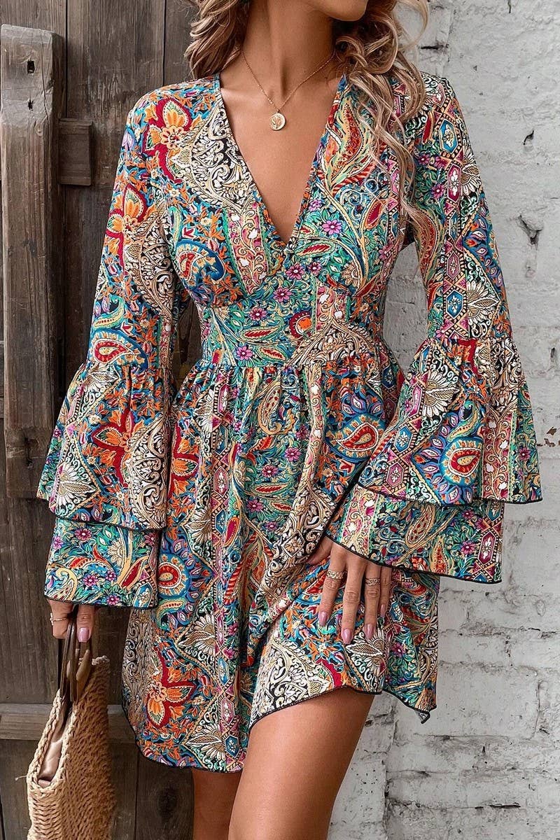 CWDSD6860_FLORAL PRINT V NECK BELL SLEEVE DRESS