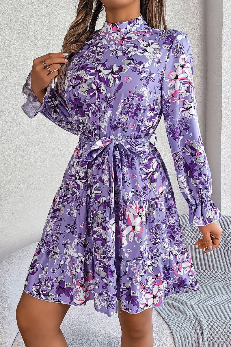 CWDSD6422_FLORAL TURTLENECK LONG SLEEVE PEPLUM DRESS SHORT