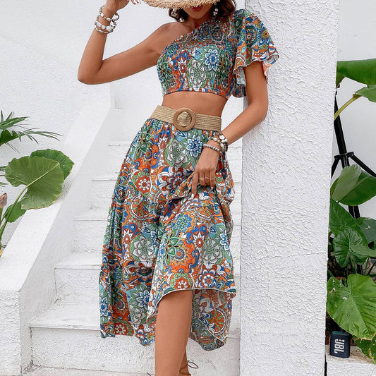 LONG BOHO DRESS WITH WAISTED AND SLOPING SHOULDER