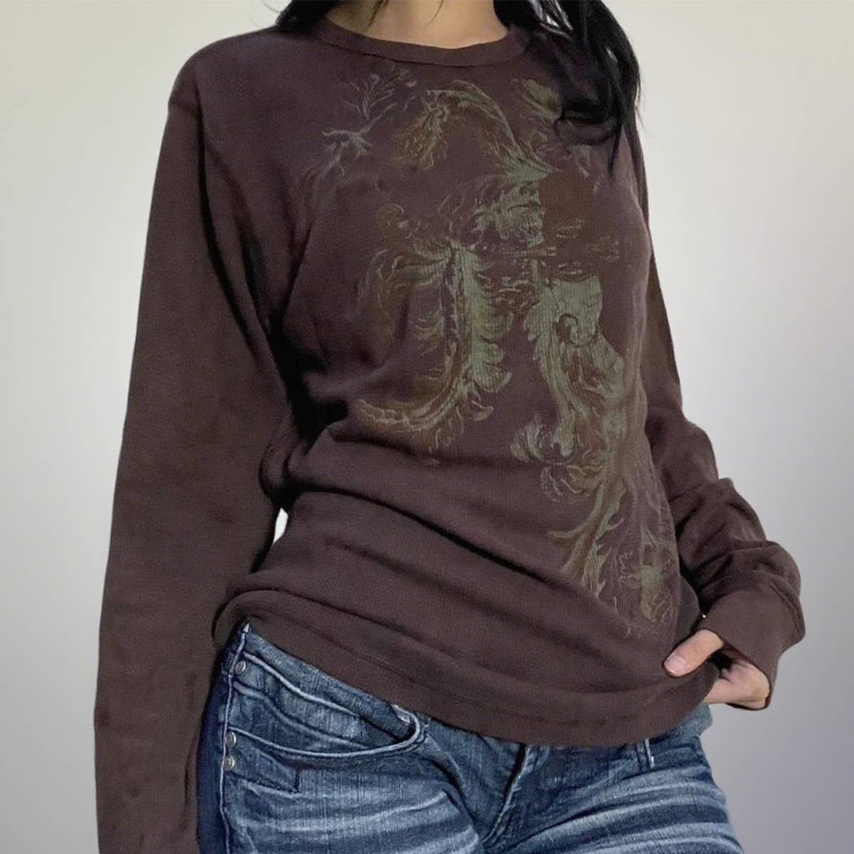 Round-neck printed long sleeve striped shirt