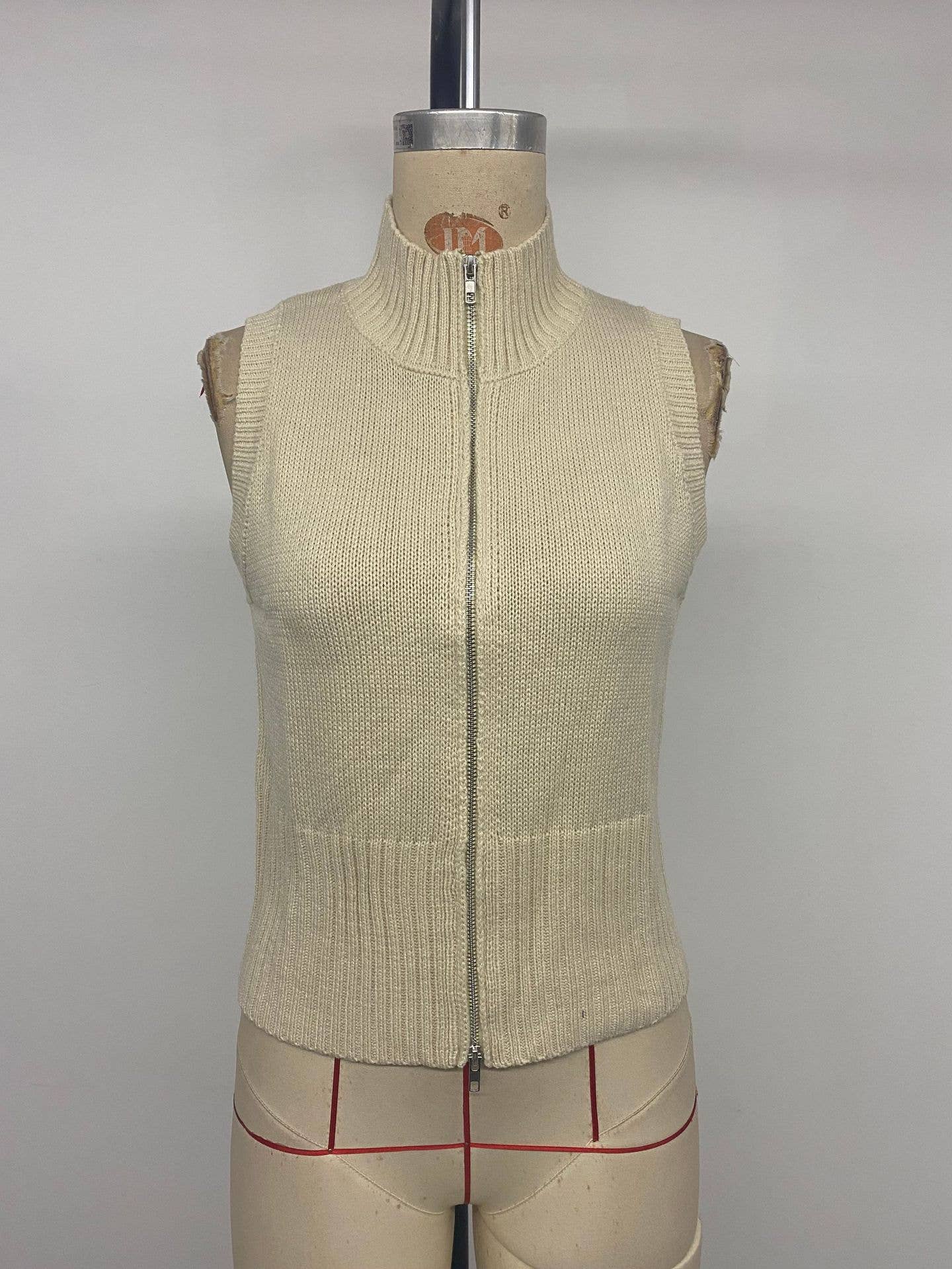 Zipper high-neck solid-color sleeveless vest