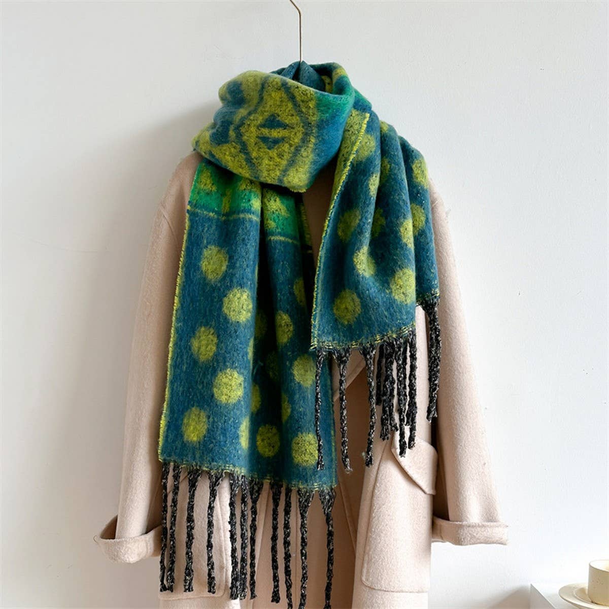 Woolen Scarf, Long & Thick, Polka Dot Fringe Shawl_CWASC0987