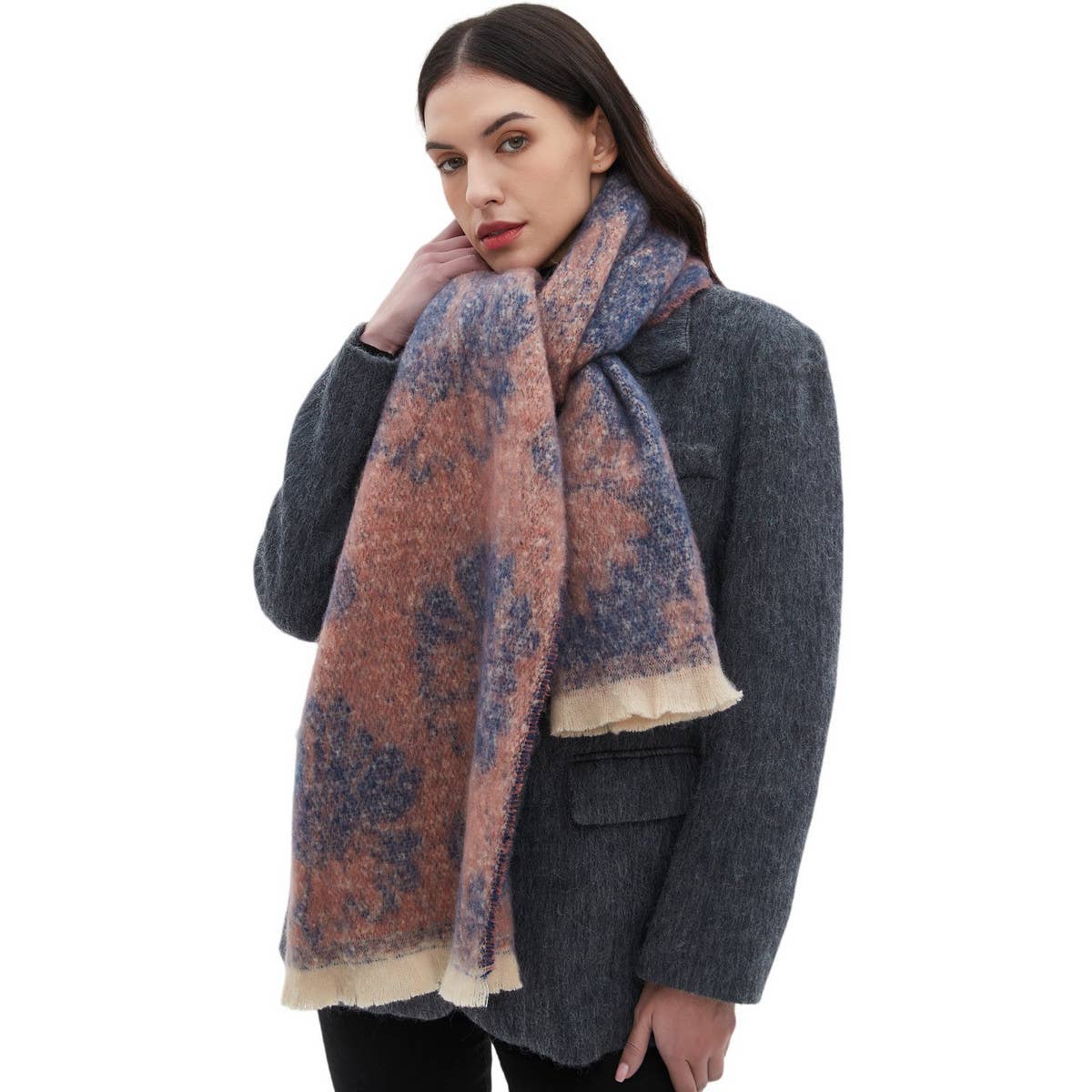 Floral Jacquard Scarf ? Winter Short Fringe Wrap