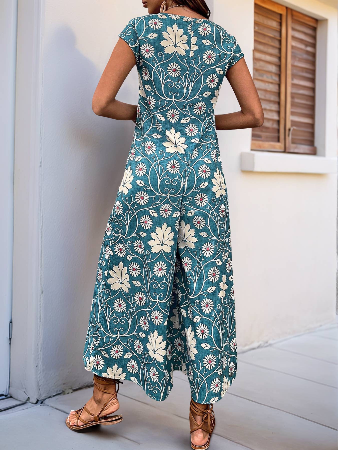 Vintage floral print casual straight-leg jumpsuit