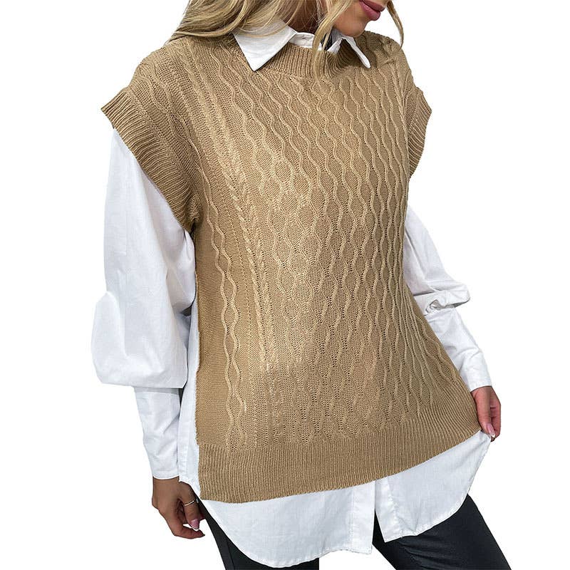 Solid color round neck twist knit pullover vest