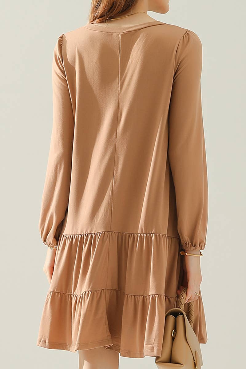 CWDSD10356_LONG SLEEVE SHIRRING LAYERED HEM MINI DRESS