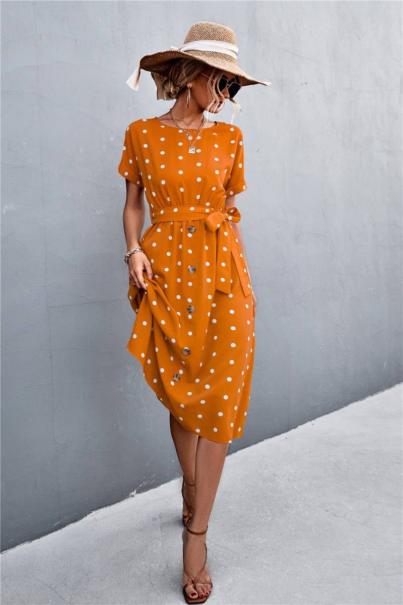 POLKA DOT BREASTED LACE UP DRESS_CWDSD2477