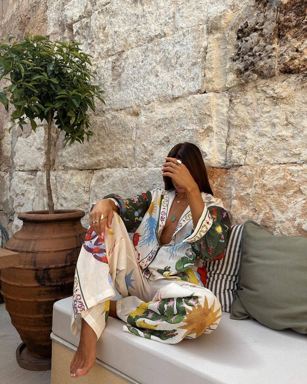 Fashionable printed macaron long sleeve shirt set