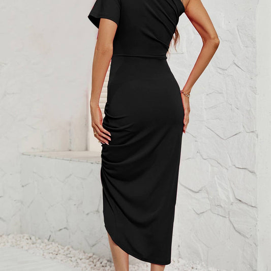 One shoulder sexy irregular high slit dress