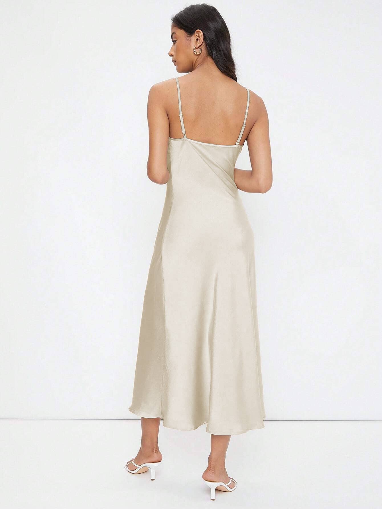 Party swing neck slip dress in lustrous satin
