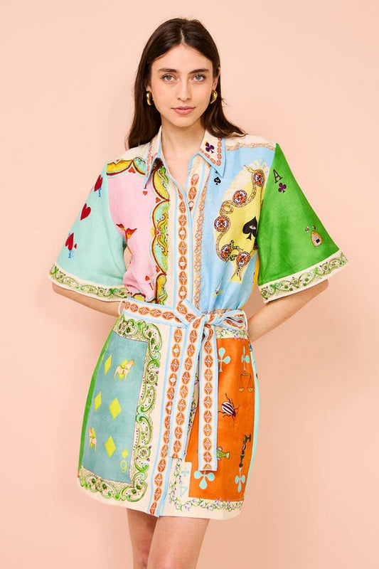 CWDSD8074_ELEGANT FLORAL BELTED COLLAR SHORT SLEEVE DRESS