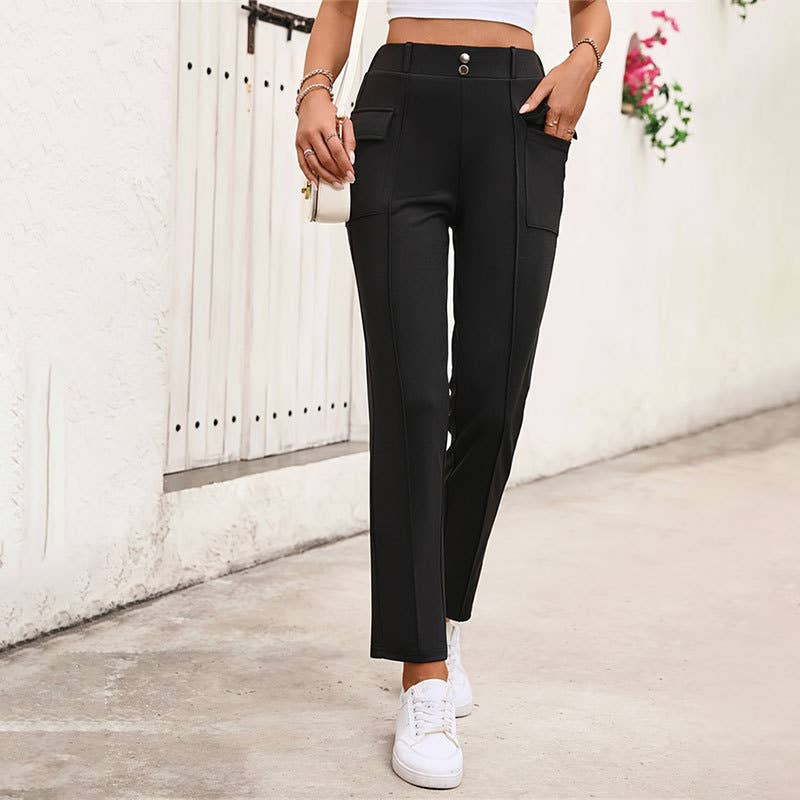 HIGH-WAISTED KNIT BUTTON-UP CASUAL PANTS