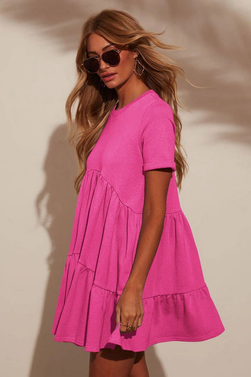 CWDSD7774_CASUAL POCKETED SHORT SLEEVE RUFFLED DRESS