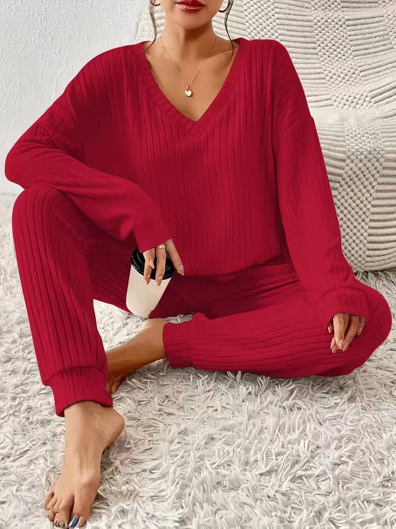 PIT-TRIMMED V-NECK LOOSE LACE-UP TOP PANTS SUIT