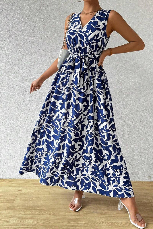 CWDMD4426_PRINTED V-NECK SLEEVELESS TIE RESORT MAXI DRESS
