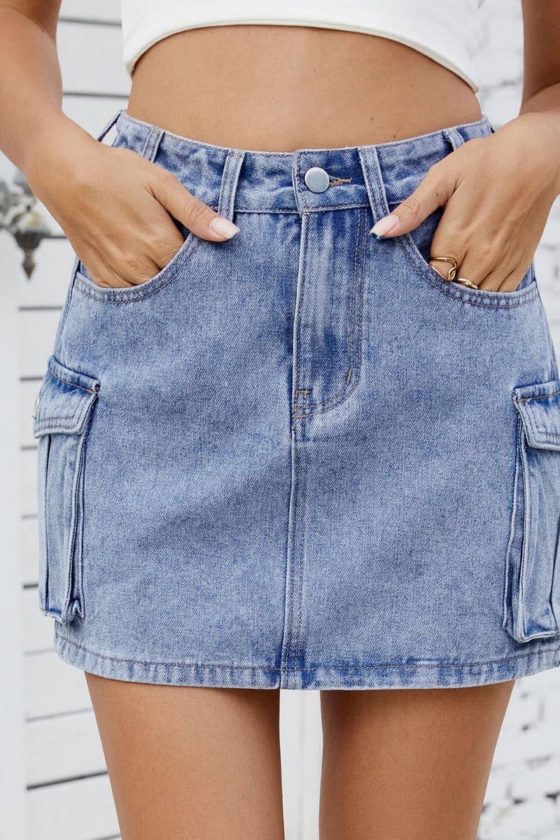 CWJSK00229_WASHED VINTAGE DENIM WORK POCKET SKIRT