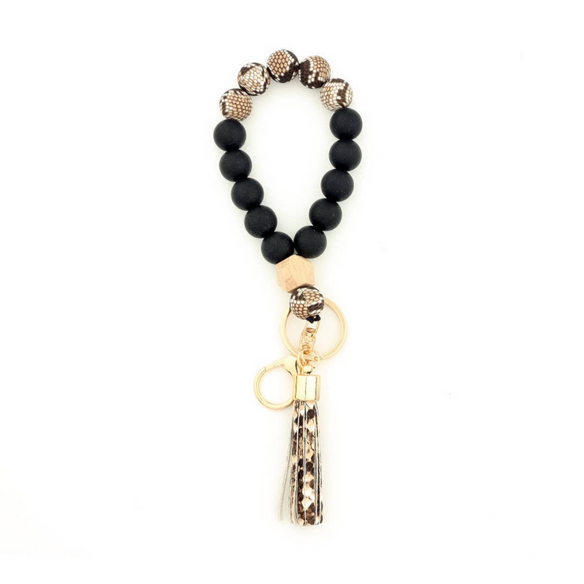 Silicone & Wood Bead Bracelet with Leather Keychain