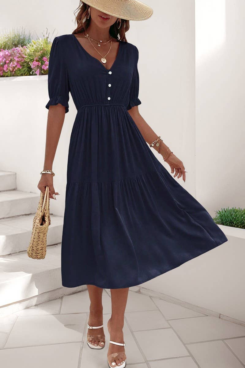 CWDMD5783_CASUAL RUCHED PUFF SLEEVE V-NECK SOLID DRESS